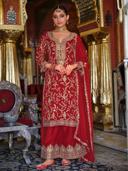 Red Embroidered Straight Kurta Palazzos With Dupatta Set