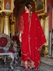 Red Embroidered Straight Kurta Palazzos With Dupatta Set
