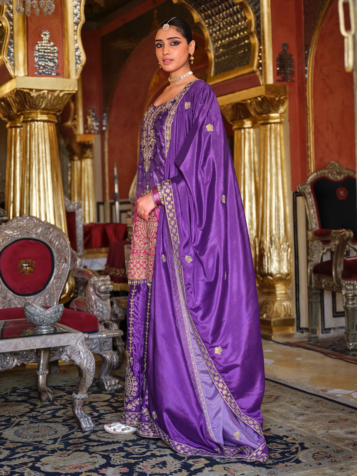 Purple Embroidered Straight Kurta Palazzos With Dupatta Set