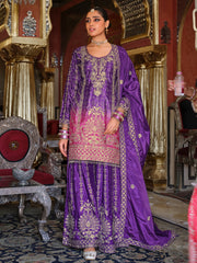 Purple Embroidered Straight Kurta Palazzos With Dupatta Set