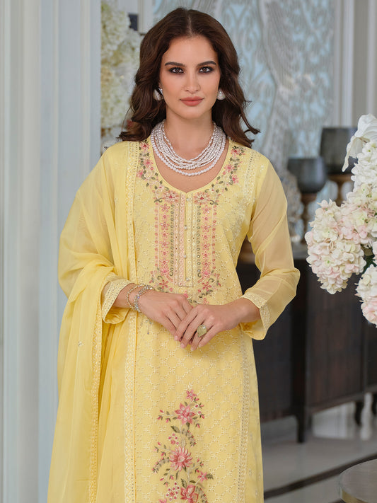 Pink Embroidered Straight Kurta Trousers With Dupatta Set