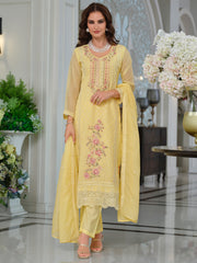 Pink Embroidered Straight Kurta Trousers With Dupatta Set