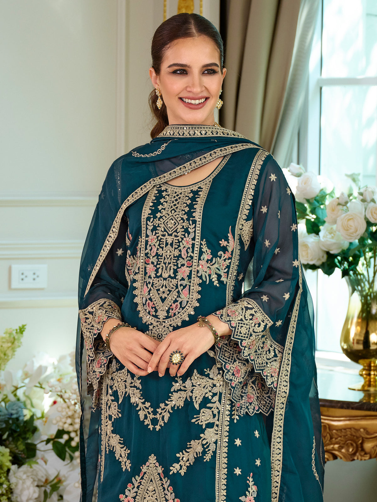 Teal Embroidered Straight Kurta Trousers With Dupatta Set-KH9TL11772