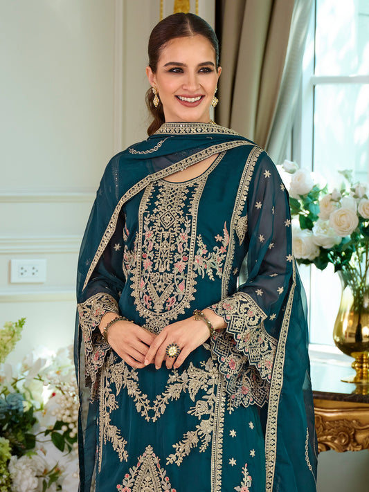 Teal Embroidered Straight Kurta Trousers With Dupatta Set-KH9TL11772
