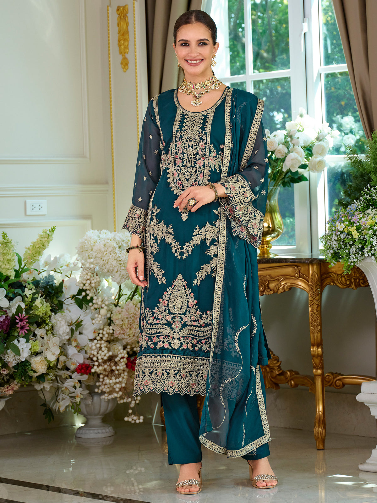 Teal Embroidered Straight Kurta Trousers With Dupatta Set-KH9TL11772