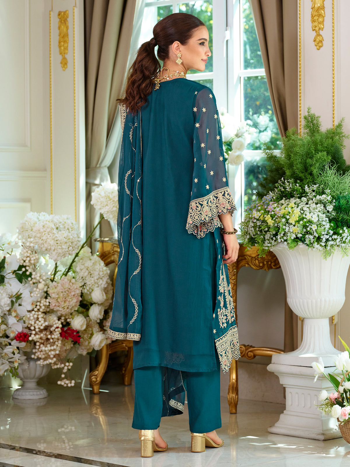 Teal Embroidered Straight Kurta Trousers With Dupatta Set-KH9TL11772