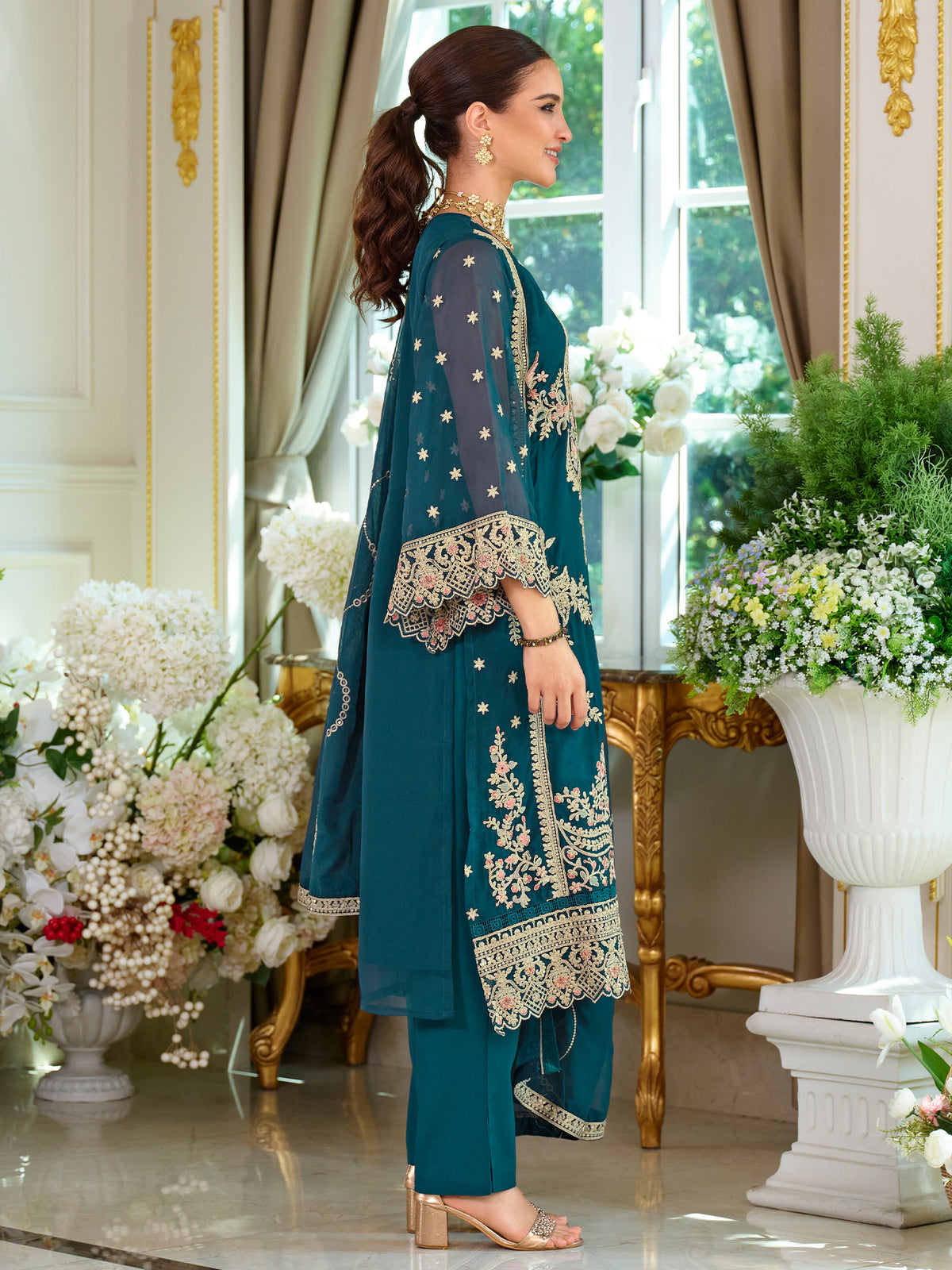 Teal Embroidered Straight Kurta Trousers With Dupatta Set-KH9TL11772