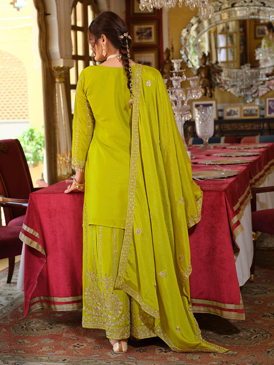 Green Embroidered Straight Kurta Palazzos With Dupatta Set