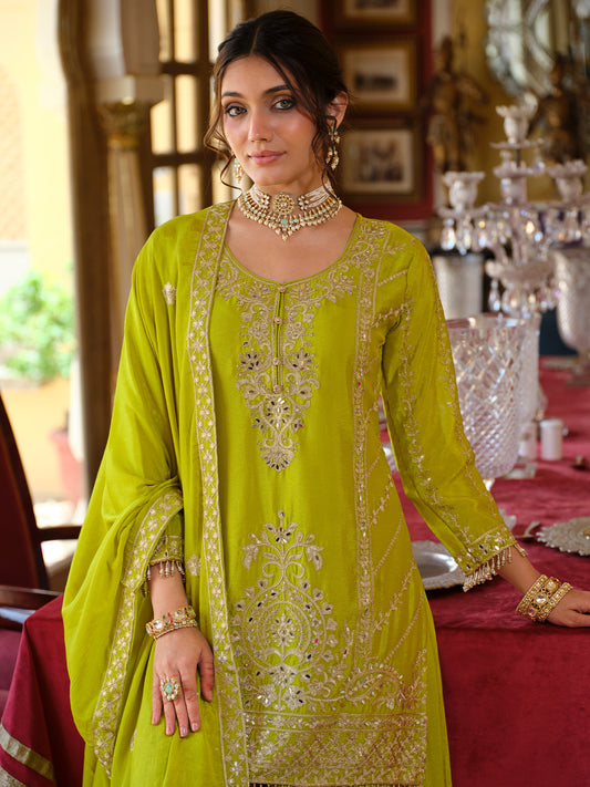 Green Embroidered Straight Kurta Palazzos With Dupatta Set
