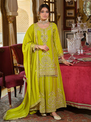 Green Embroidered Straight Kurta Palazzos With Dupatta Set