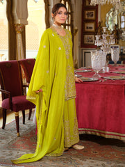 Green Embroidered Straight Kurta Palazzos With Dupatta Set