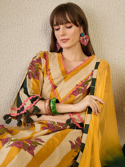 Brown Embroidered Straight Kurta Trousers With Dupatta Set