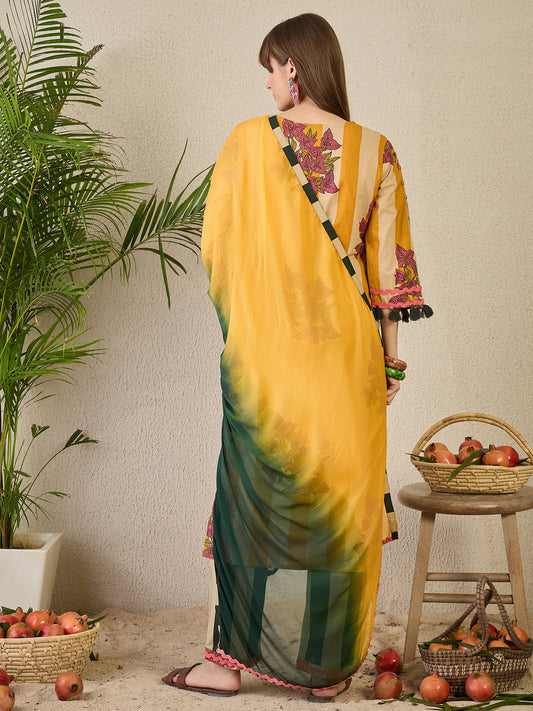 Brown Embroidered Straight Kurta Trousers With Dupatta Set