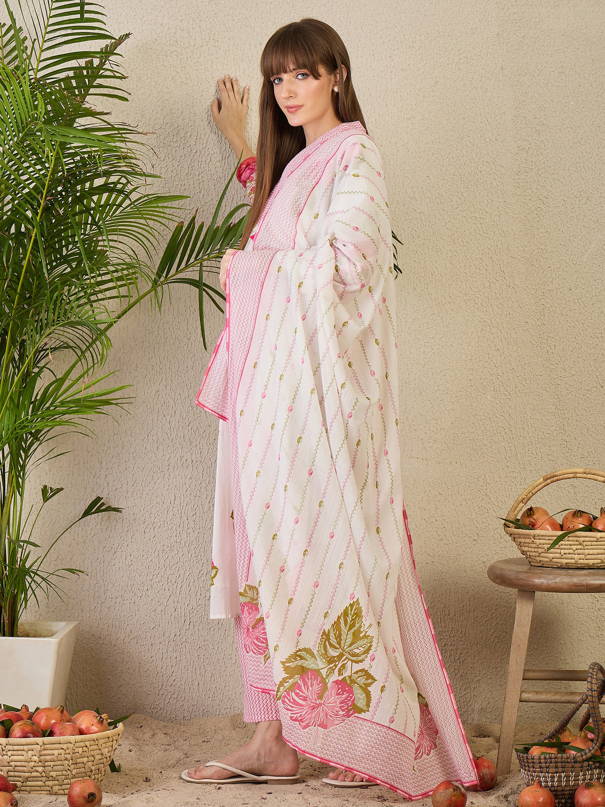 White Printed A-Line Kurta Trousers With Dupatta Set-KH0WH10143