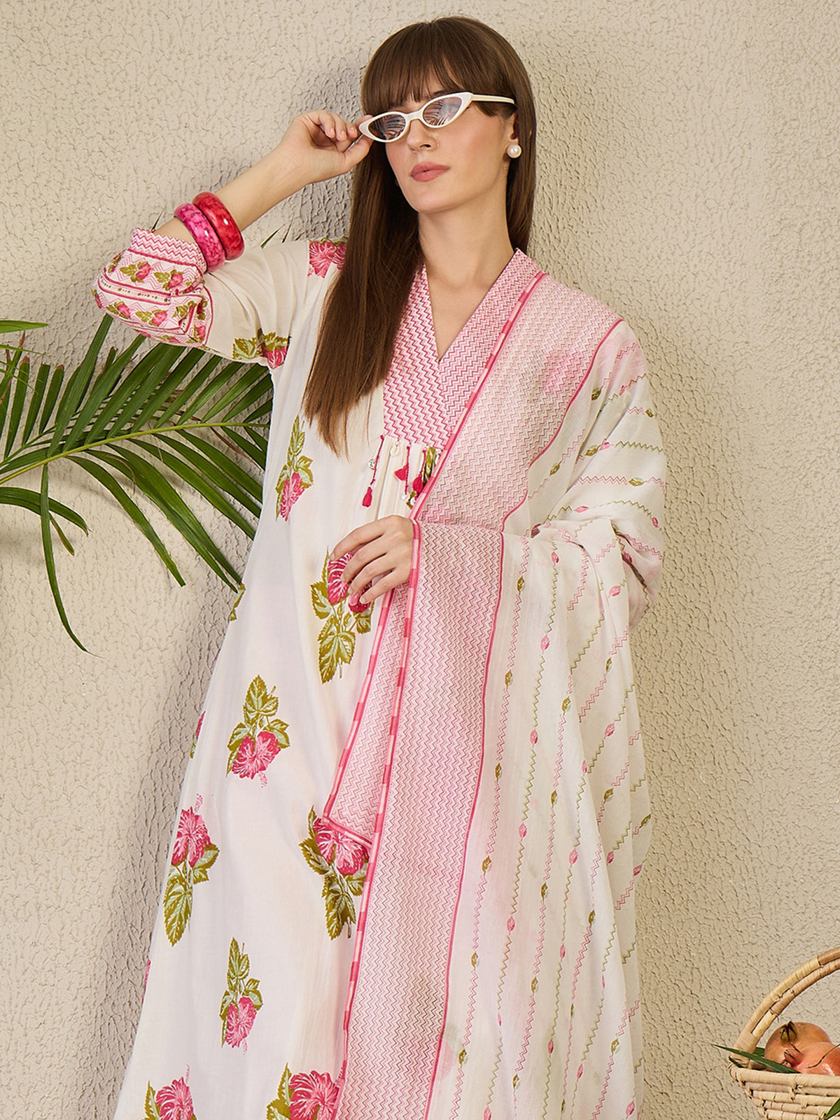 White Printed A-Line Kurta Trousers With Dupatta Set-KH0WH10143
