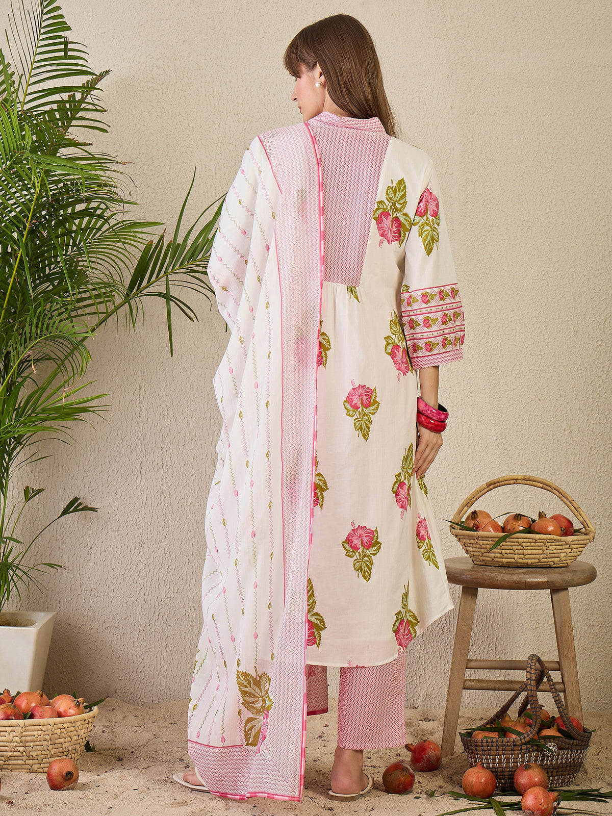 White Printed A-Line Kurta Trousers With Dupatta Set-KH0WH10143