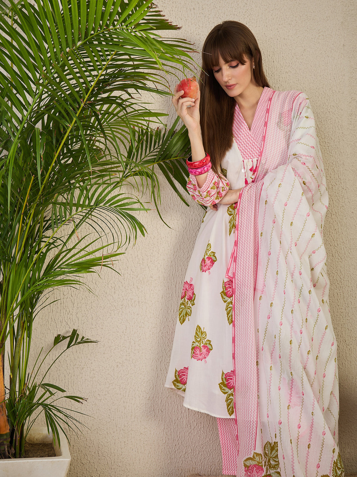 White Printed A-Line Kurta Trousers With Dupatta Set-KH0WH10143