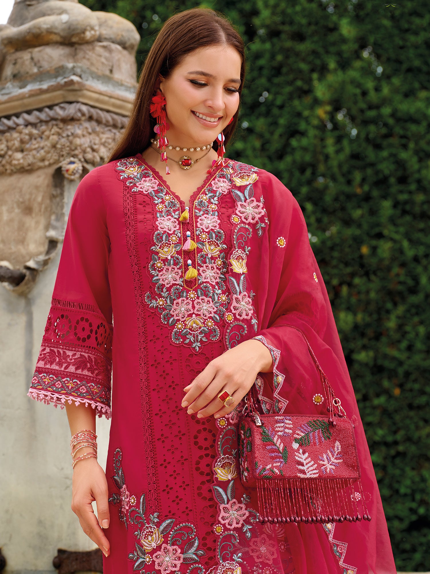 Red Embroidered Straight Kurta Trousers With Dupatta Set
