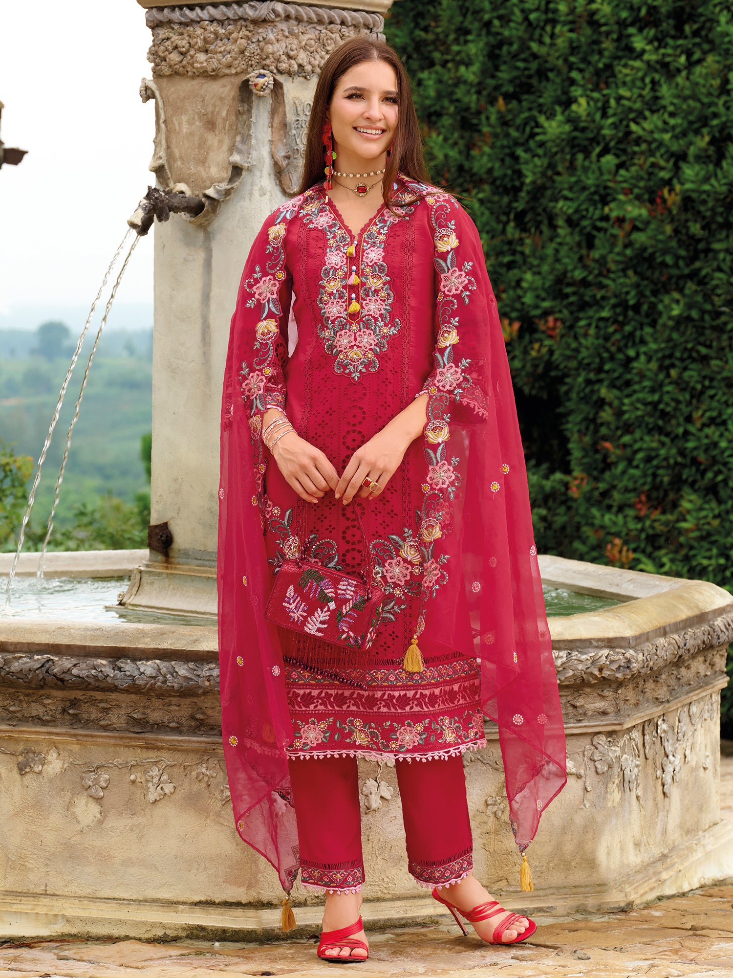 Red Embroidered Straight Kurta Trousers With Dupatta Set