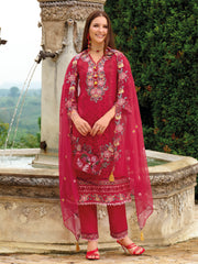 Red Embroidered Straight Kurta Trousers With Dupatta Set