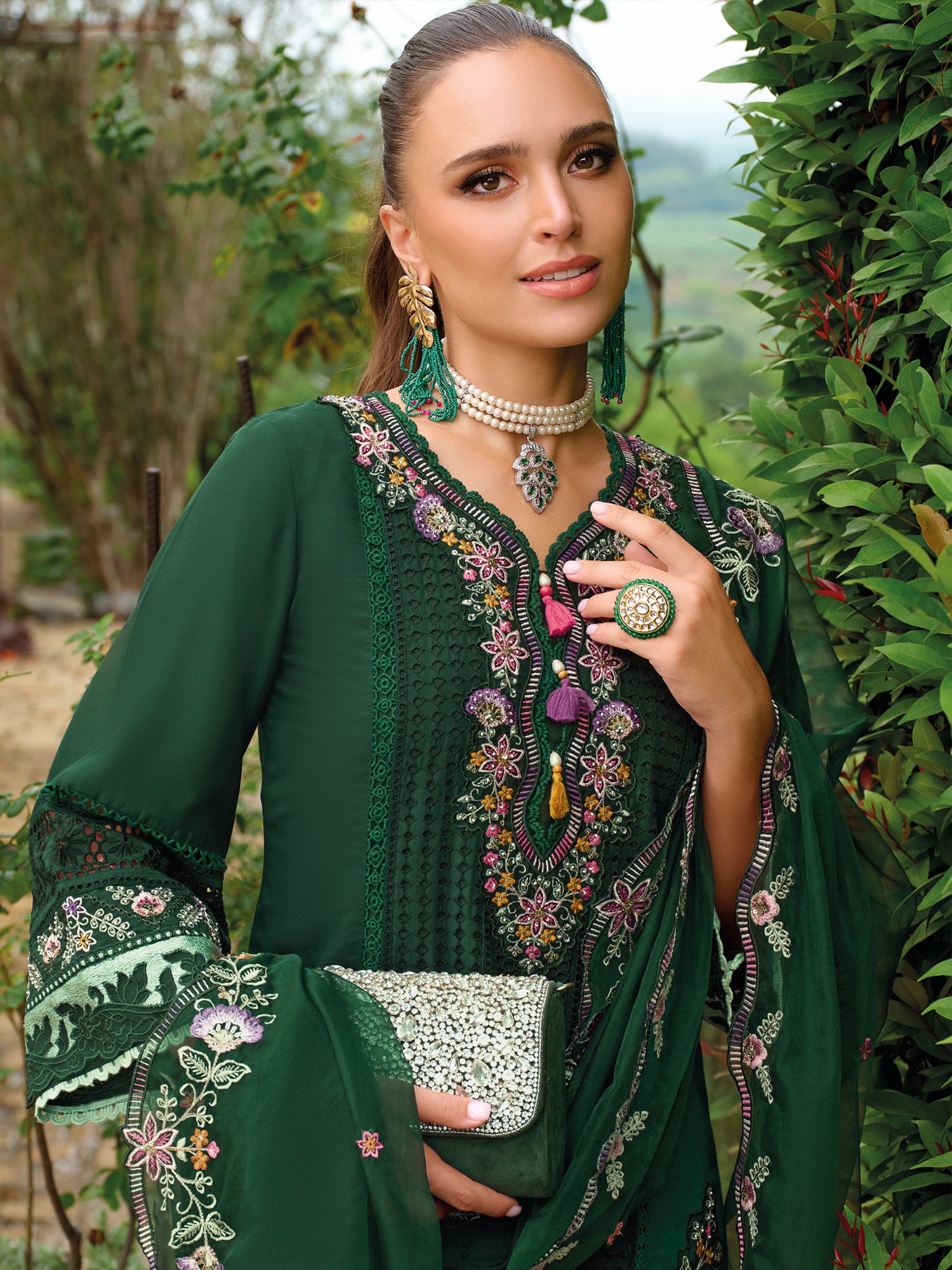 Green Embroidered Straight Kurta Trousers With Dupatta Set