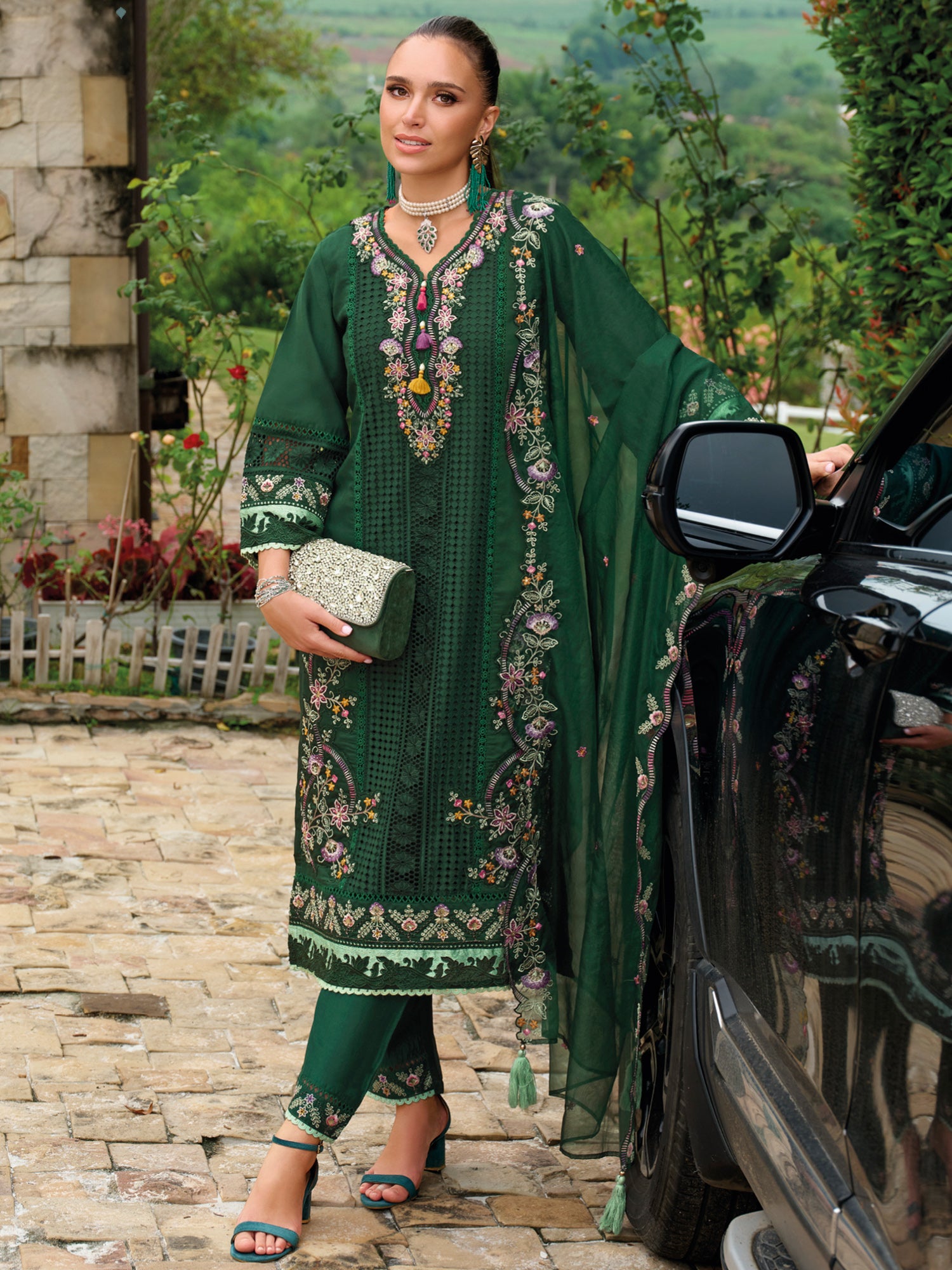 Green Embroidered Straight Kurta Trousers With Dupatta Set