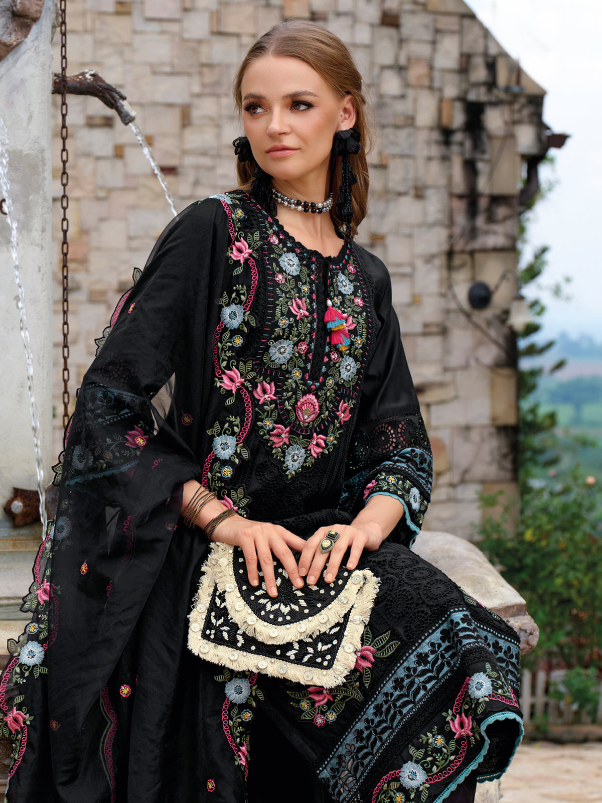 Black Embroidered Straight Kurta Trousers With Dupatta Set
