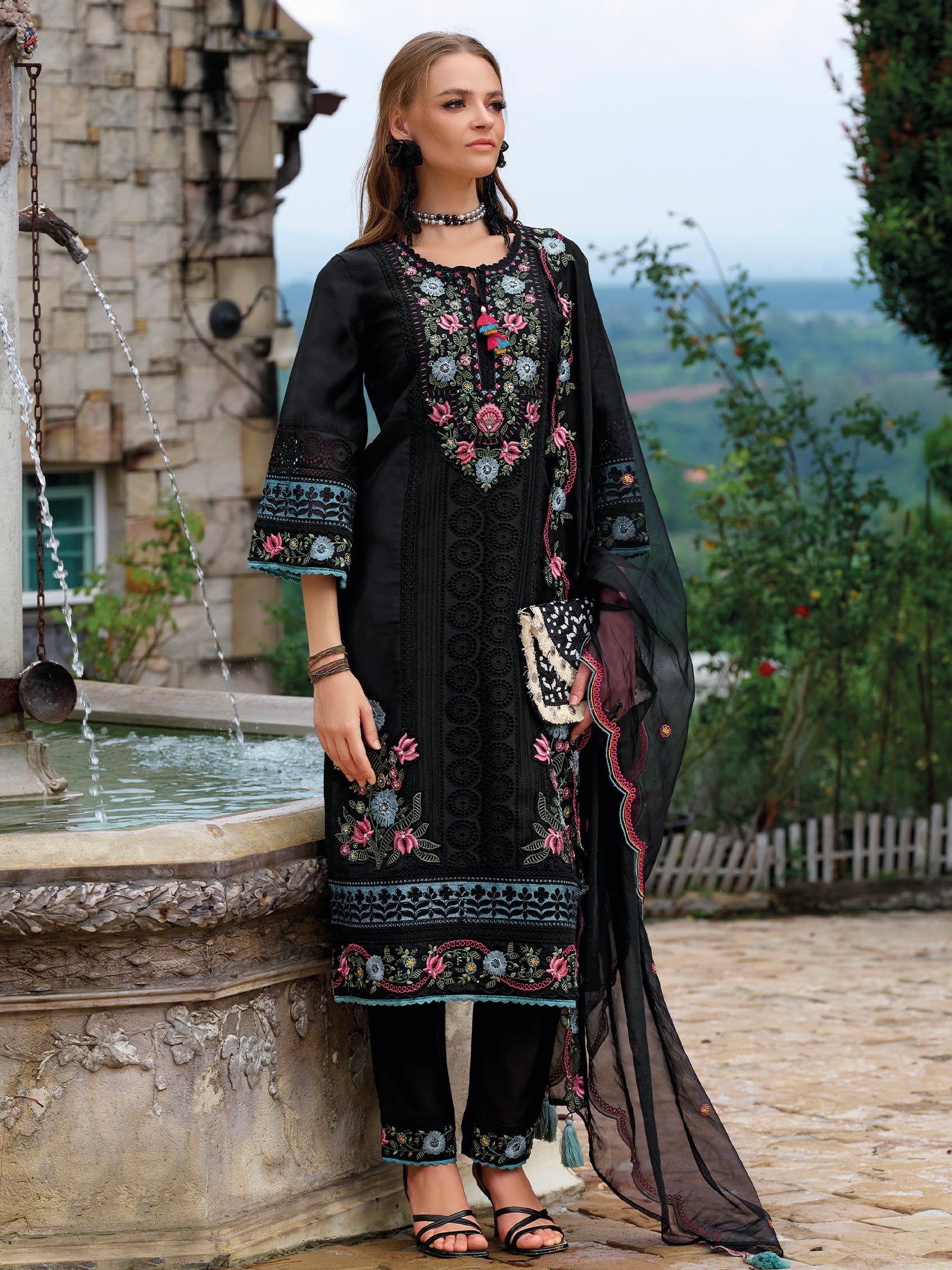 Black Embroidered Straight Kurta Trousers With Dupatta Set