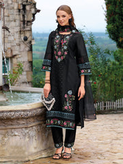 Black Embroidered Straight Kurta Trousers With Dupatta Set