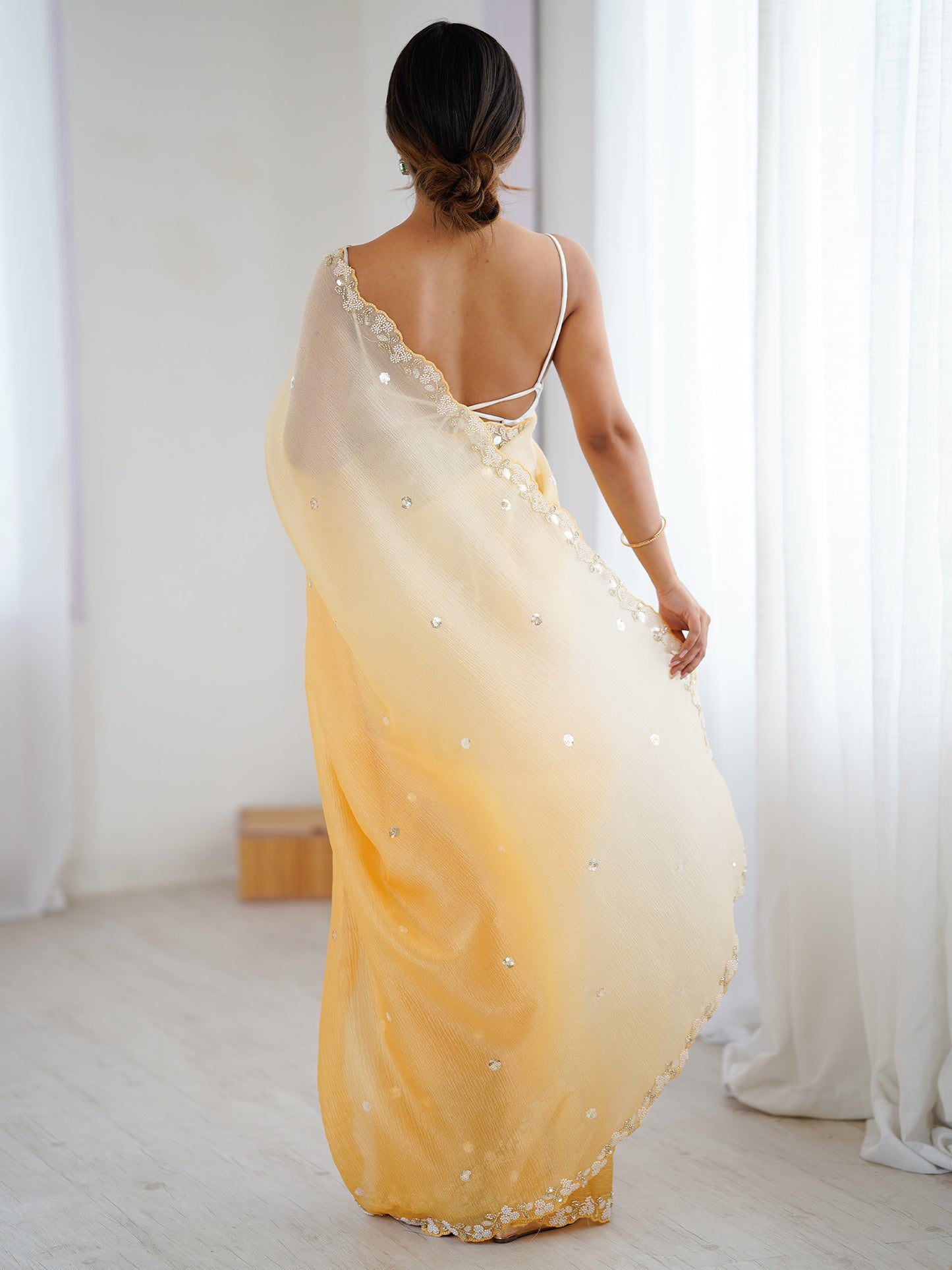Women's Chiffon Yellow Embellished Designer Saree With Blouse Piece