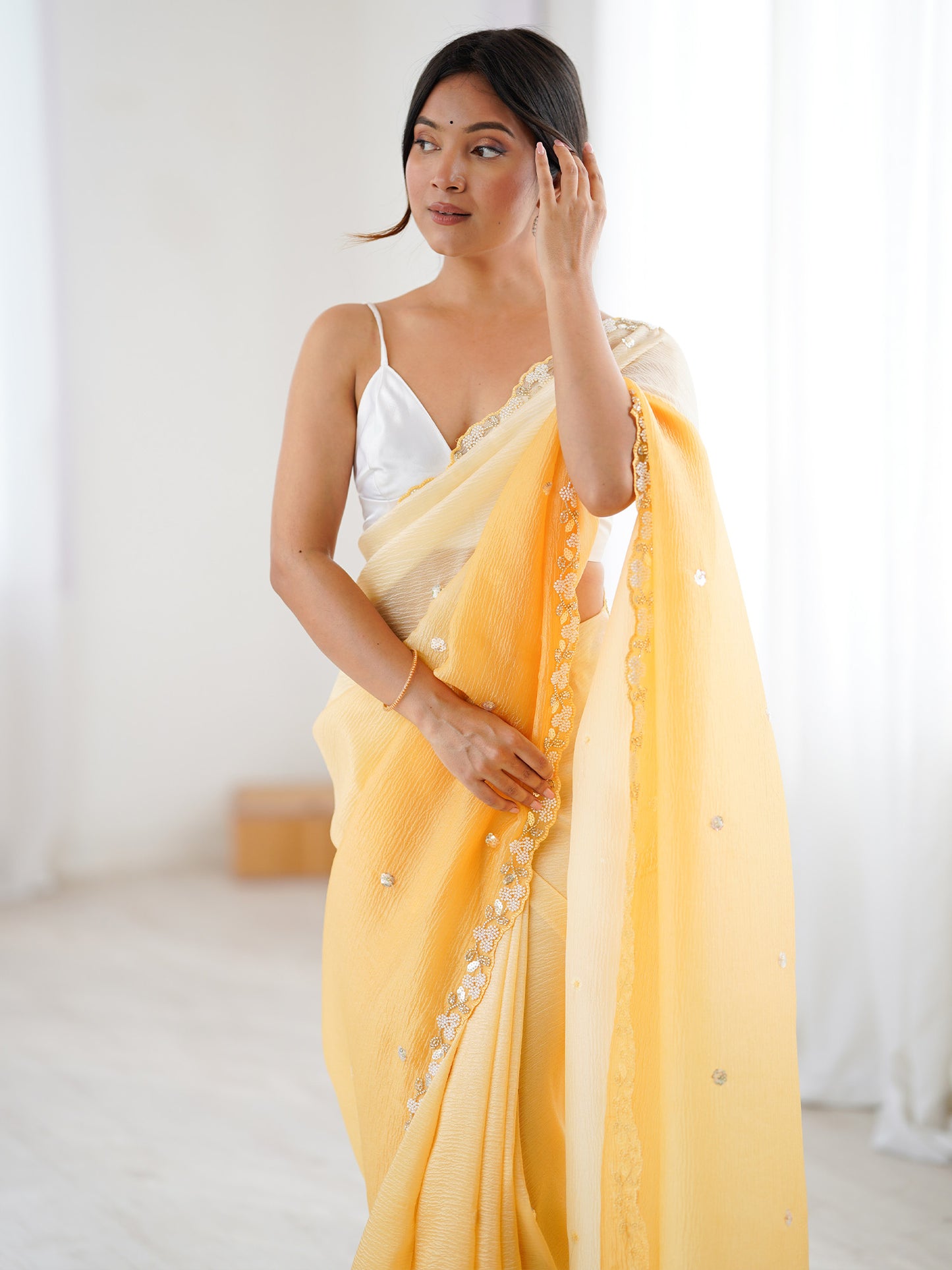 Women's Chiffon Yellow Embellished Designer Saree With Blouse Piece