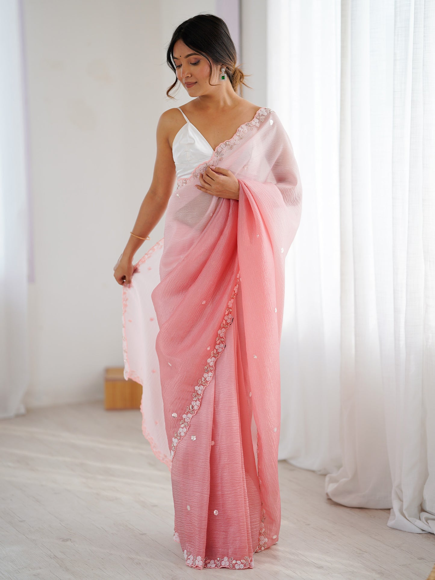 Women's Chiffon Pink Embellished Designer Saree With Blouse Piece