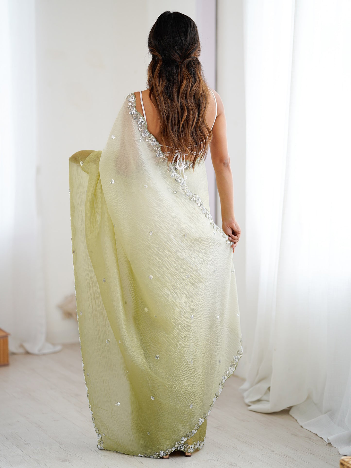 Women's Chiffon Olive Embellished Designer Saree With Blouse Piece