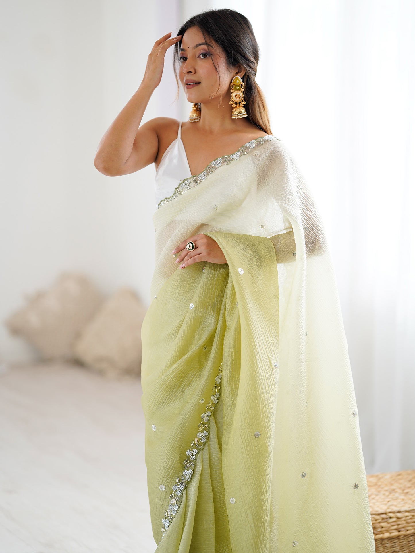 Women's Chiffon Olive Embellished Designer Saree With Blouse Piece