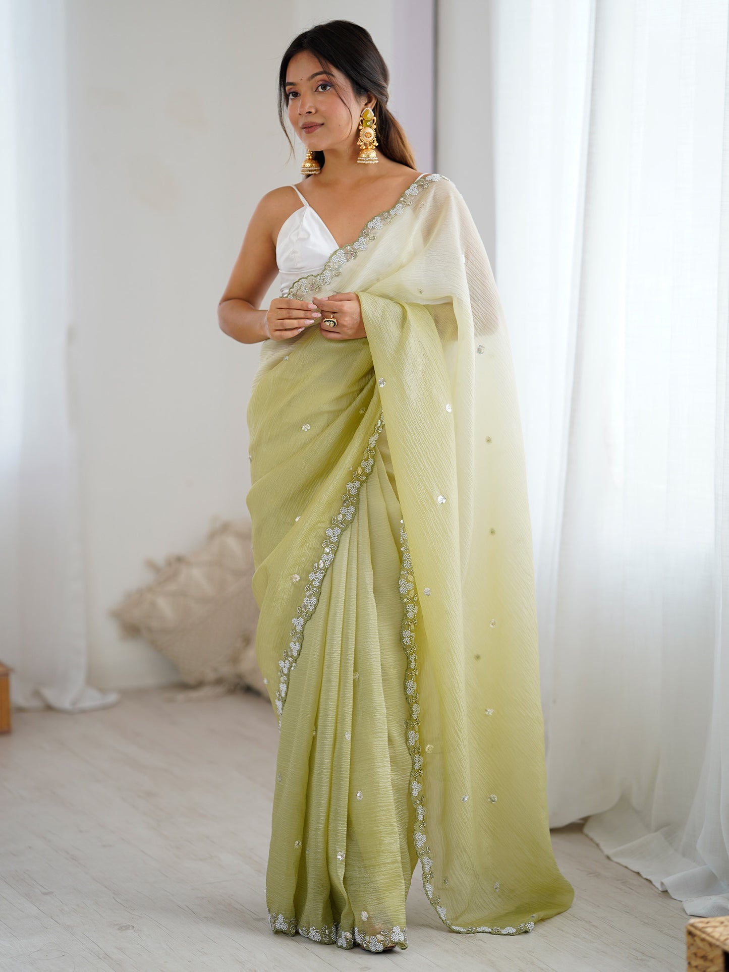 Women's Chiffon Olive Embellished Designer Saree With Blouse Piece