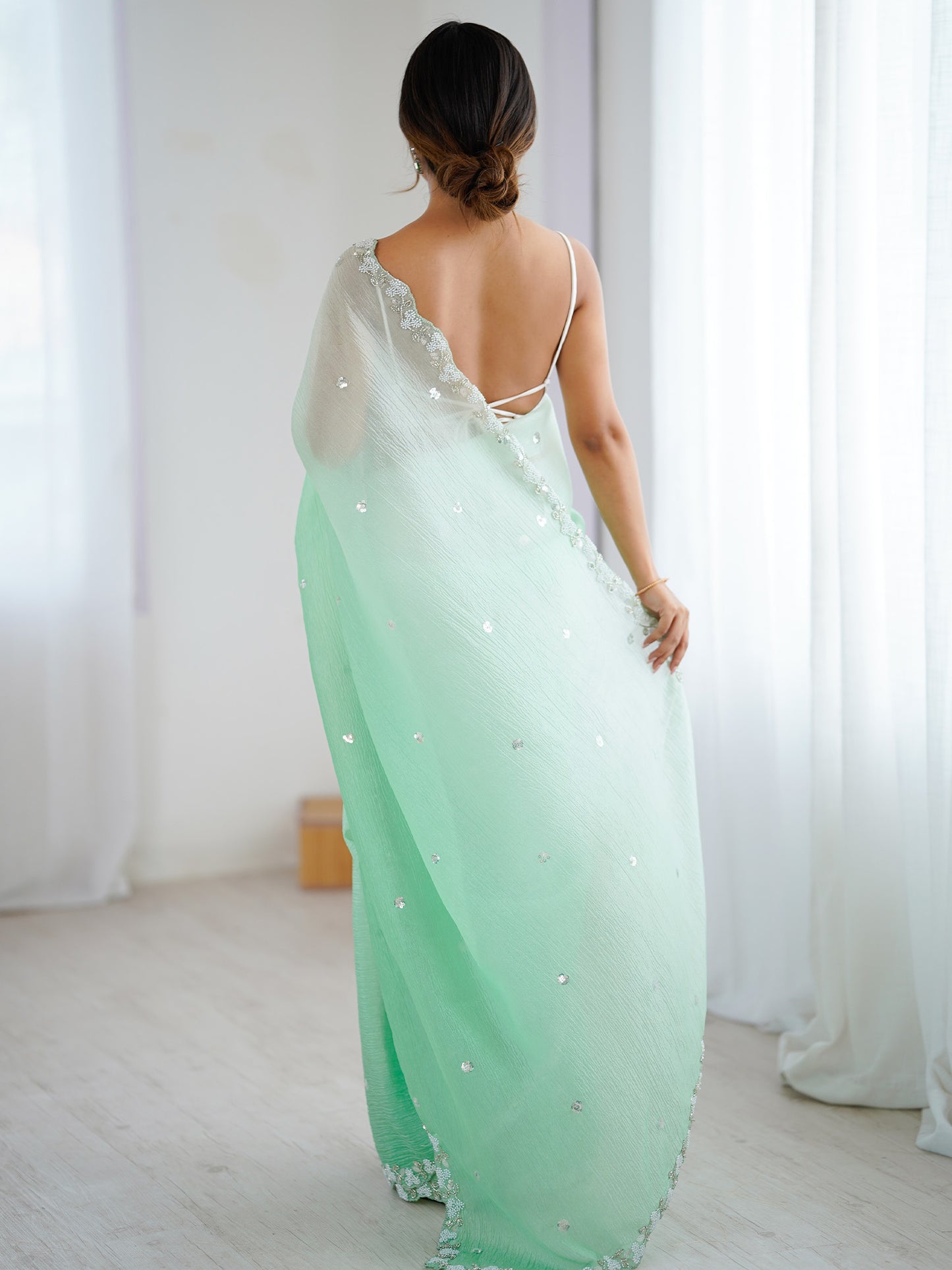 Women's Chiffon Sea Green Embellished Designer Saree With Blouse Piece