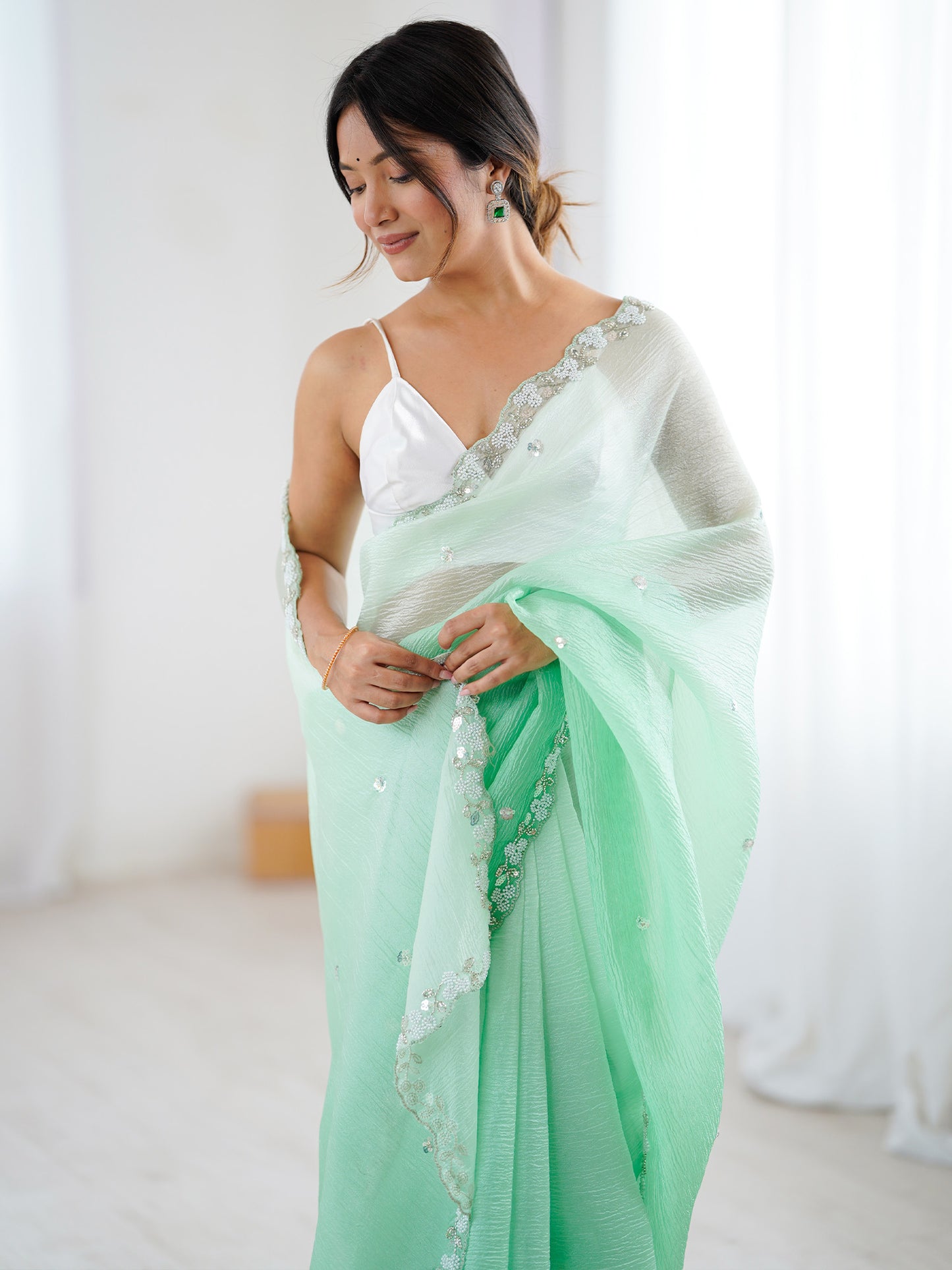 Women's Chiffon Sea Green Embellished Designer Saree With Blouse Piece