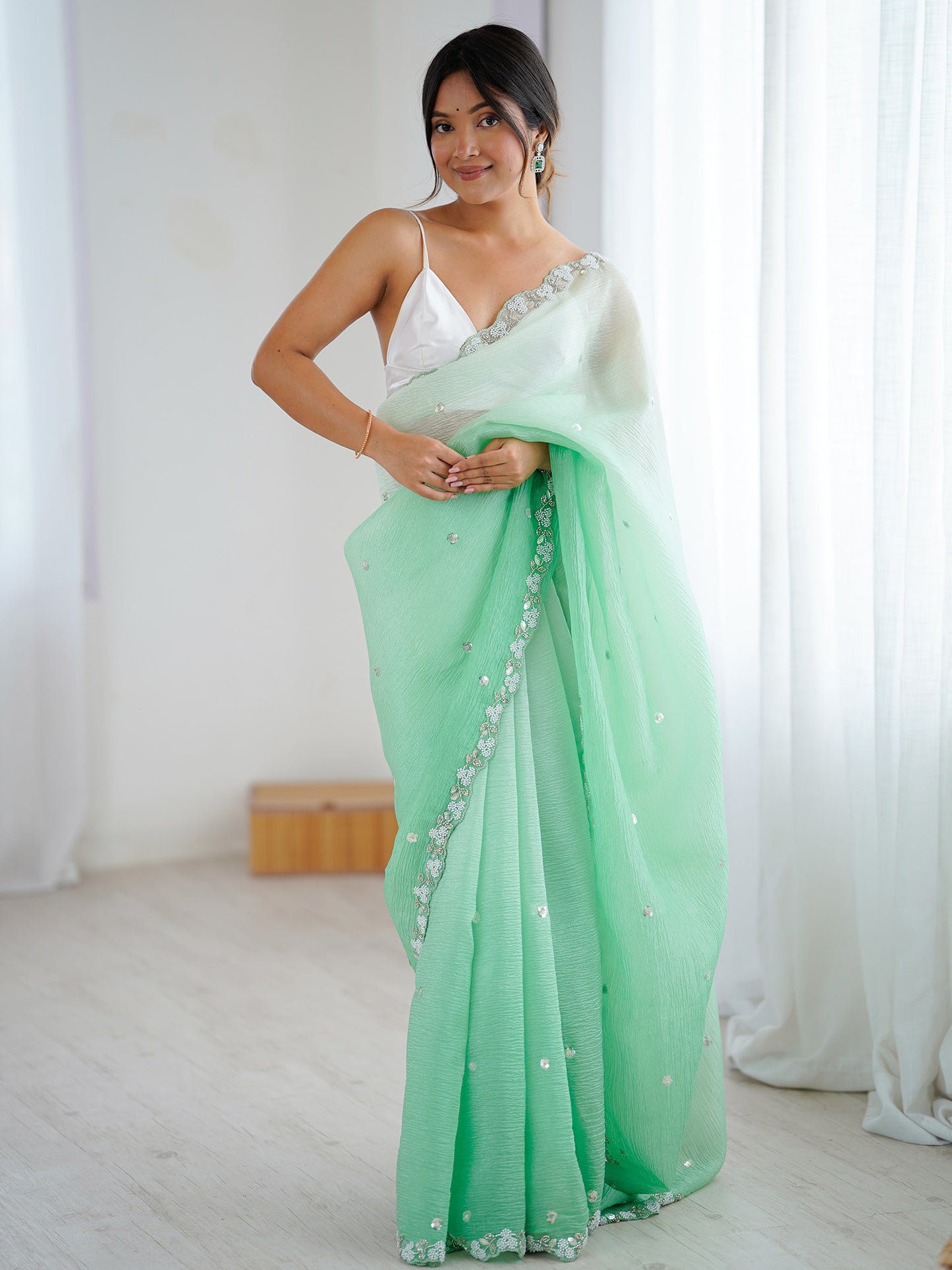 Women's Chiffon Sea Green Embellished Designer Saree With Blouse Piece