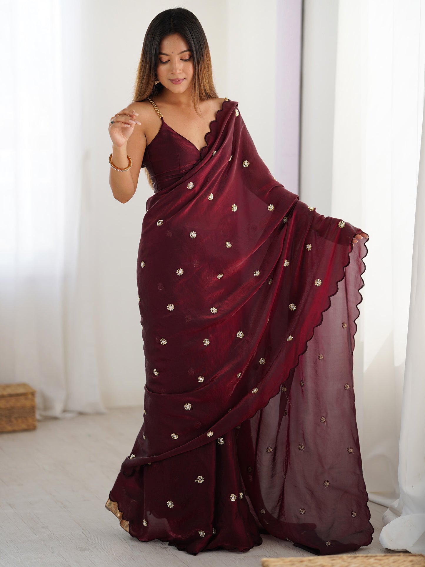Women's Satin Silk Burgundy Embellished Designer Saree With Blouse Piece