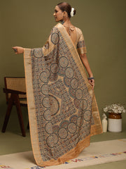 Women's Satin Silk Beige Digital Print Designer Saree With Blouse Piece