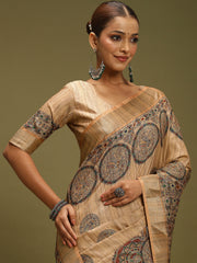 Women's Satin Silk Beige Digital Print Designer Saree With Blouse Piece