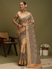Women's Satin Silk Beige Digital Print Designer Saree With Blouse Piece