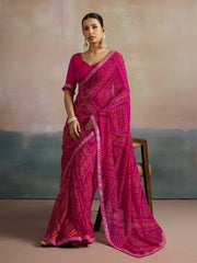 ساري نسائي من قماش جورجيت وردي مطبوع بتصميم أنيق مع قطعة بلوزة