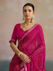 ساري نسائي من قماش جورجيت وردي مطبوع بتصميم أنيق مع قطعة بلوزة