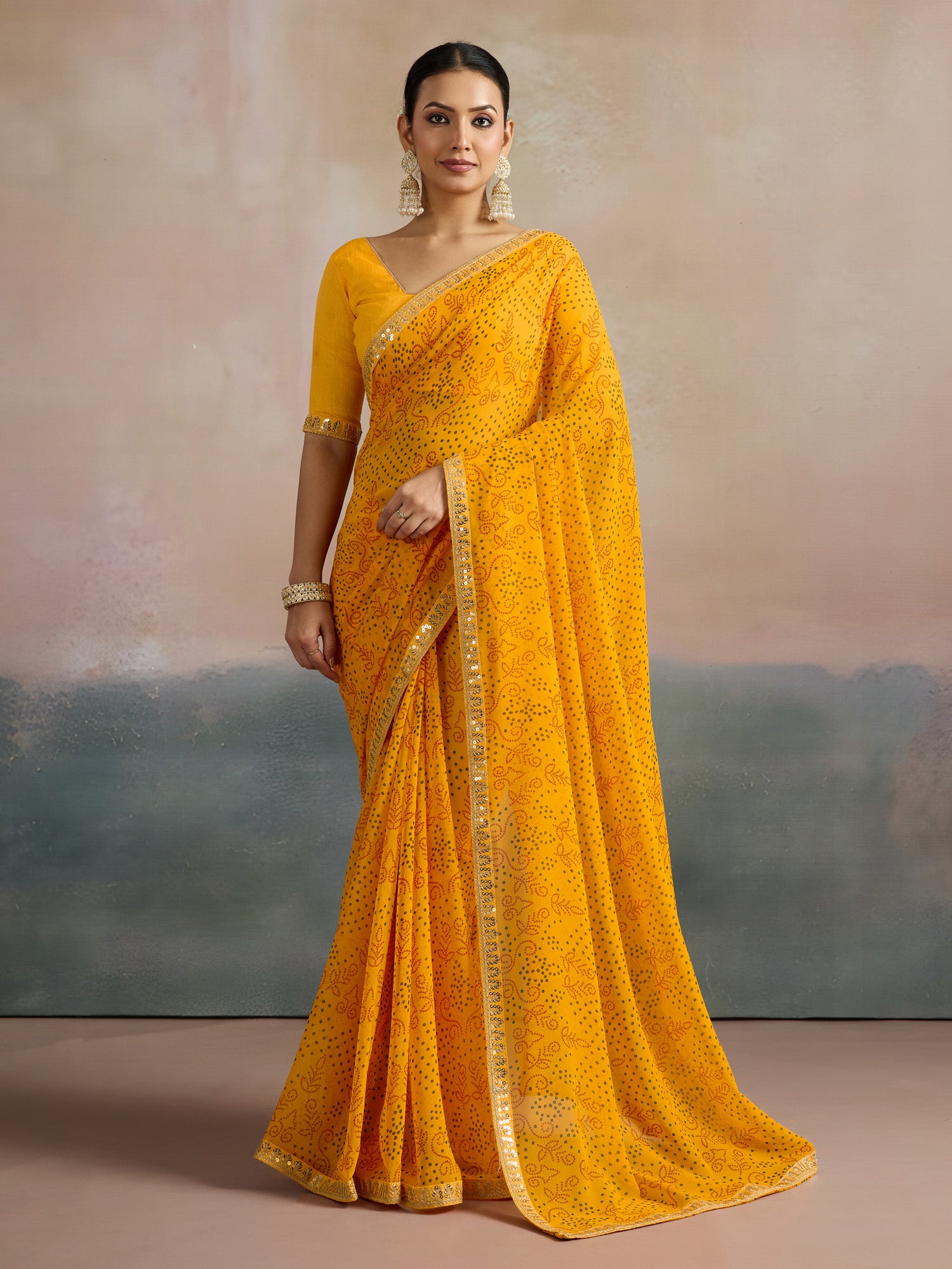 Women's Georgette Yellow Printed Designer Saree With Blouse Piece