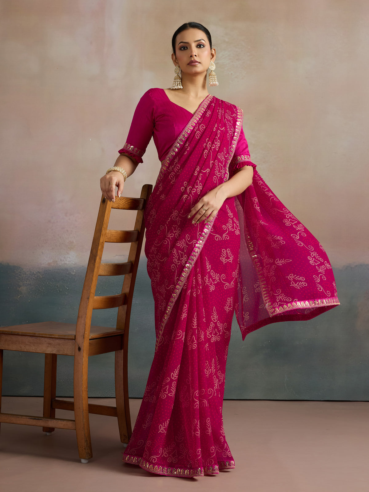 Women's Georgette Pink Printed Designer Saree With Blouse Piece