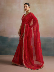 Women's Georgette Red Printed Designer Saree With Blouse Piece