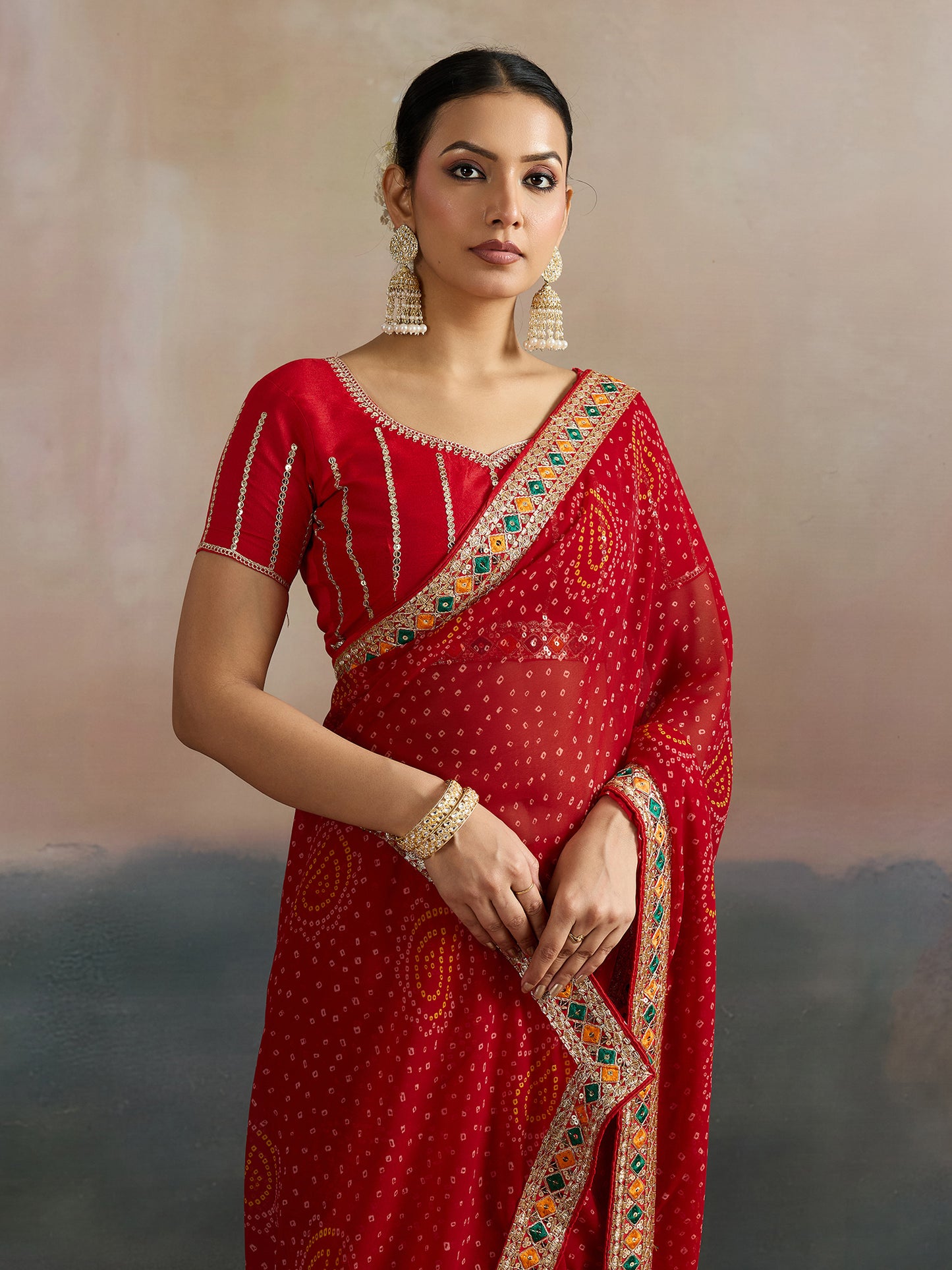 Women's Georgette Red Printed Designer Saree With Blouse Piece