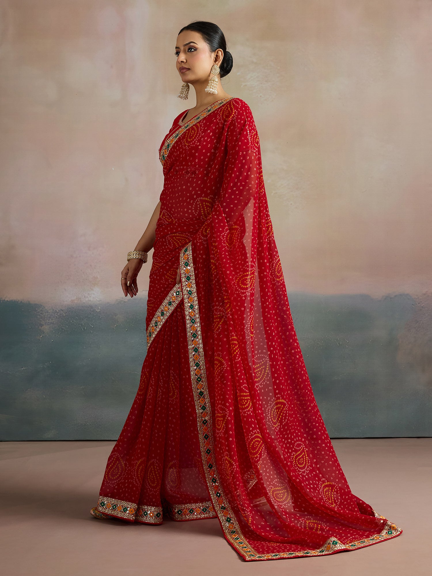 Women's Georgette Red Printed Designer Saree With Blouse Piece
