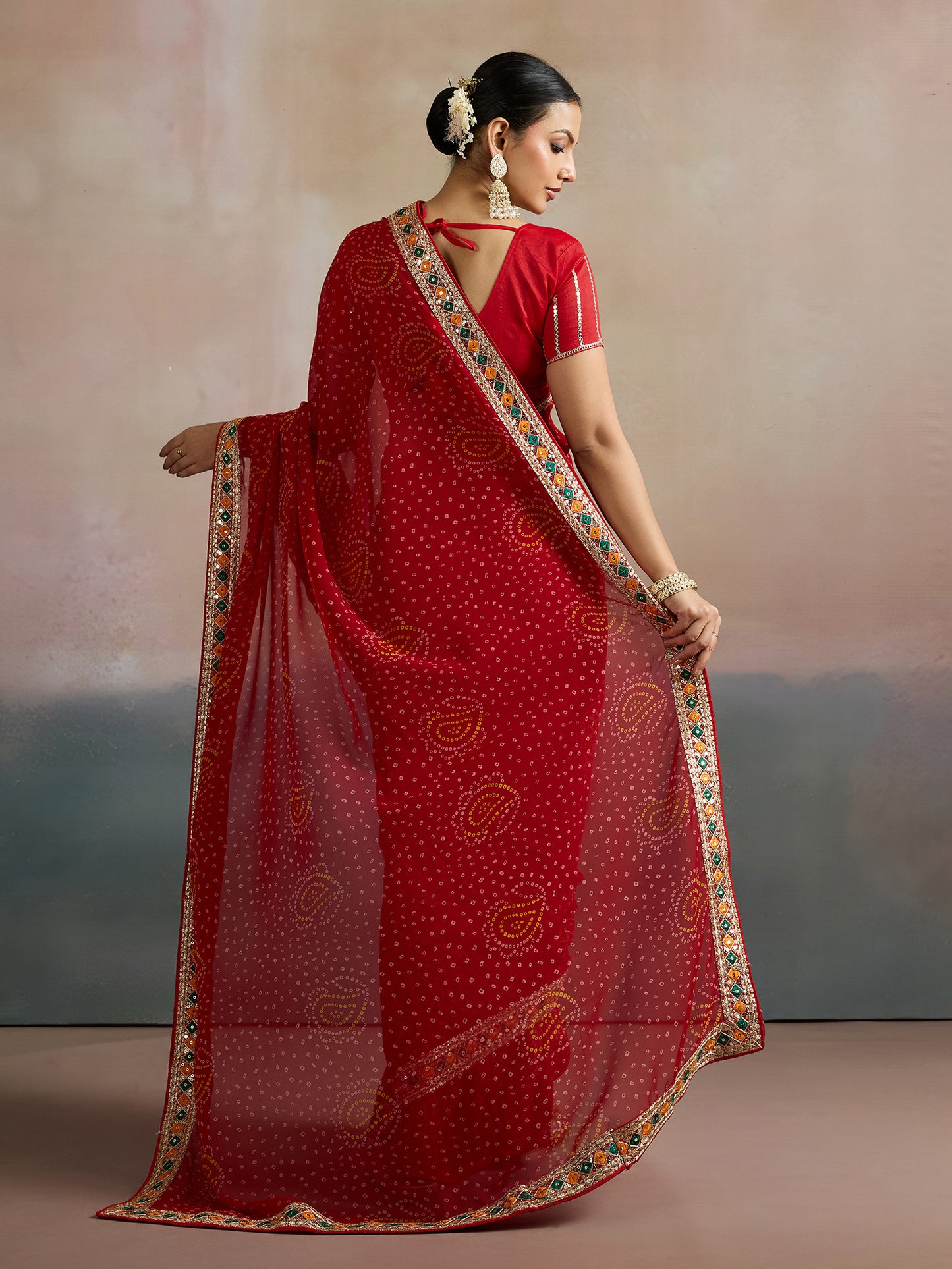 Women's Georgette Red Printed Designer Saree With Blouse Piece